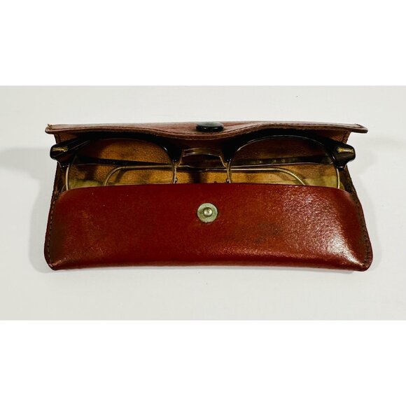 Shuron Vintage Mens Hornrim Glasses Gold Metal Frame Tortoise Trim Leather Case - Picture 14 of 16